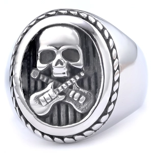 Men's punk rock skull and crossed guitars relief ring in silver stainless steel