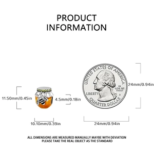 Detailed dimensions of the honey pot charm with a quarter coin for scale comparison