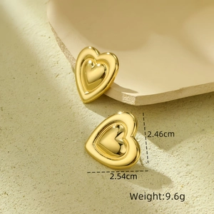 Detailed view of gold heart stud earrings with size 2.54cm and weight 9.6g dimensions