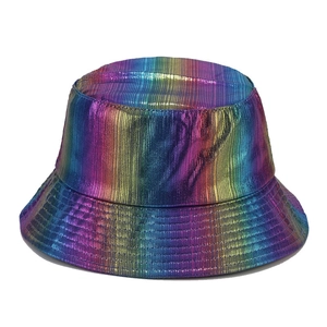 Rainbow holographic bucket hat with vertical metallic gradients and trendy wide brim design