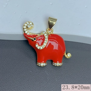Detailed size view of red enamel elephant pendant with zircons, measuring 23.8x20mm