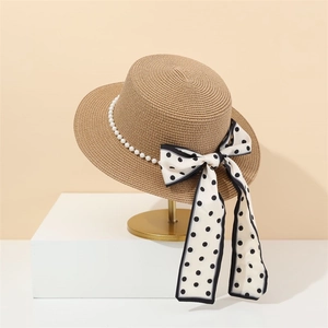 Women French Hepburn Style Straw Hat Flat Top Boater Sunshade Summer Holiday Elegant Polka Dot Ribbon Bow Artificial Pearl Decor
