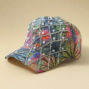 Women Baseball Cap Rhinestone Artificial Pearl Lace Floral Print Adjustable Sun Protection Fashionable Outdoor Duckbill Hat