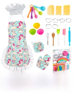 26-piece unicorn themed kids baking set with apron, chef hat, and colorful cooking tools