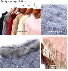 Close-up of chenille knit shawl showing fur collar, plaid texture, and fringe details