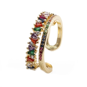 Detail of gold-plated adjustable ring featuring multi-colored micro-set zircon stones