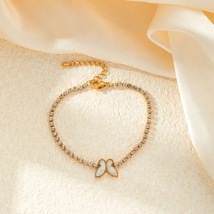 Elegant gold butterfly tennis bracelet with white shell charm and zircon stones for women