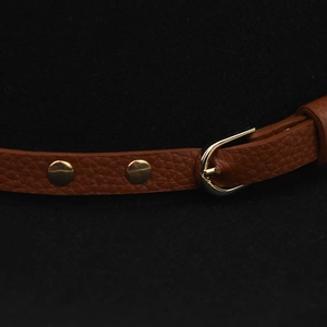 Close-up of brown leather belt band with gold buckle and rivets on a black wool fedora