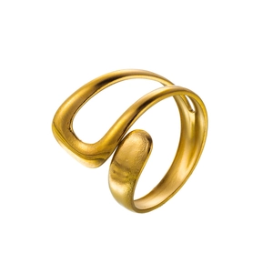 Minimalist gold titanium steel open ring with irregular sunbeam line design on white background
