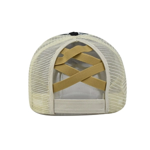 Beige criss-cross mesh ponytail baseball cap for women with high-stretch elastic bands