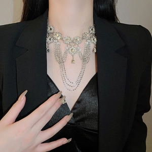 Detailed view of layered rhinestone tassel necklace with elegant silver fringe design