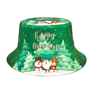 Christmas Bucket Hat Polyester Sun Protection Outdoor Cartoon Santa Snowman Print Green Happy Holidays Gift Men Women