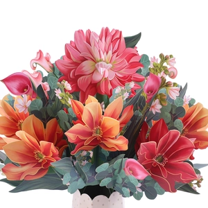 Detailed view of 3D pop-up greeting card featuring a vibrant pink dahlia in a polka dot vase