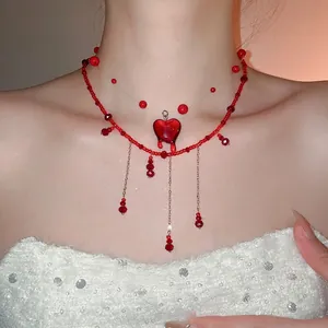 Red Glass Crystal Beaded Tassel Necklace With Melting Heart Pendant Elegant Gothic Fashion Jewelry Clavicle Chain For Women