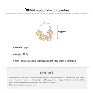 Detailed view of square spiral necklace with 44cm chain length and 9cm extension info