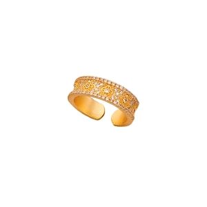 24K gold plated vintage flower open ring with zircon inlay on a clean white background