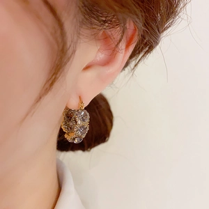 Elegant gold-tone hoop earrings with smoky crystals shown on a model's ear