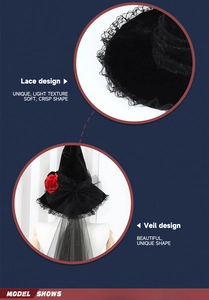 Detailed macro view of black lace witch hat with red roses and elegant veil design