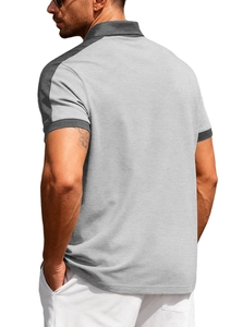 Men's polo shirt featuring a grey contrast shoulder design and premium knit texture