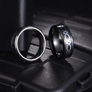 Black titanium steel ring with Celtic knot pattern shown in a macro studio setting