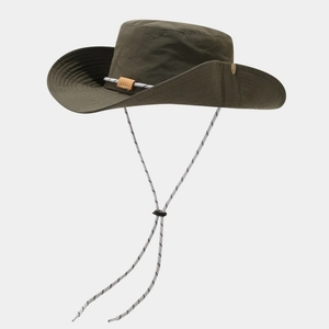 Detail of army green outdoor sun hat with woven cord and metallic side snap buttons