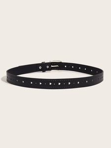 Detail of black PU leather belt featuring heart-shaped cutouts and a silver buckle
