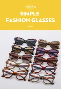 Detailed view of cat-eye frames featuring colorful geometric inserts and specifications