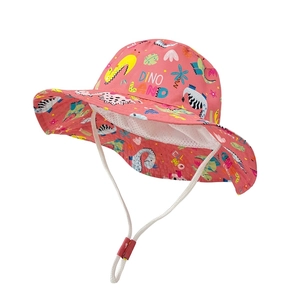 Pink kids sun hat with colorful dinosaur prints and adjustable chin strap for outdoors