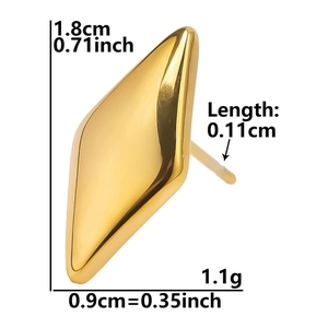 Macro detail of geometric rhombus earrings showing 1.8cm height and 0.9cm width