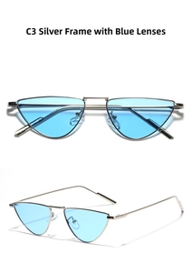Detail of silver cat-eye metal sunglasses with light blue lenses and black ear tips