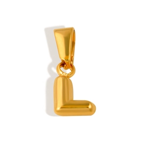 Detailed macro view of bubble letter L charm pendant in 18K gold plated stainless steel