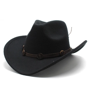 Retro Western Cowboy Fedora Hat Woolen Felt Wide Brim Jazz Cap With Leather Band Metal Buckles For Men Women