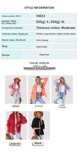 Detailed chart showing size specifications and fringe trim on a pink denim jacket