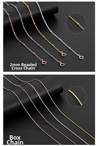 Detail of 2mm bead cross and box chains in gold, silver, and rose gold finishes