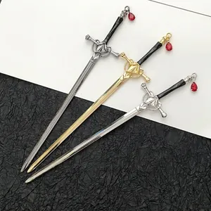Ancient Chinese Style Sword Hairpin Alloy Vintage Hair Stick For Hanfu Styling With Red Water Drop Artificial Gem