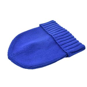 Detail of blue rib-knit beanie showing the fine texture and classic folded cuff design