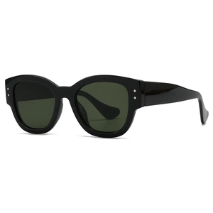Oval black sunglasses with marble pattern and silver rivets on a white background