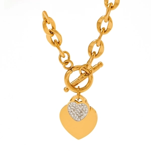Detailed close-up of a gold stainless steel OT buckle necklace with double heart pendants