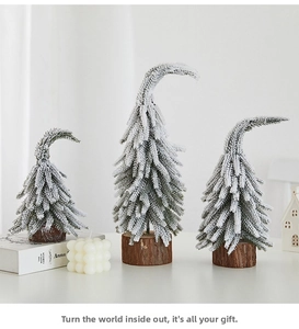 Three-piece frosted mini Christmas trees with wooden bases for festive shelf decor