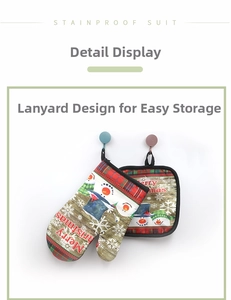 Christmas oven mitt and pot holder set with hanging loops for easy kitchen storage