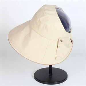 Beige wide-brim sun hat with open top and gold button detail for UV protection