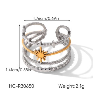 Detailed specs of two-tone stainless steel multi-layer open ring with sun motif