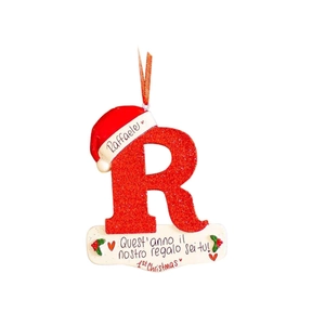 Detailed view of red glitter letter R Christmas ornament with festive hat and banner