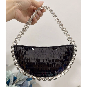 Sparkly black sequin crescent evening bag with luxury rhinestone handle for formal events