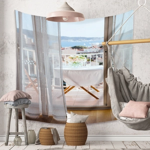 3D ocean view tapestry featuring a balcony and white curtains for home wall decoration