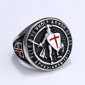 Retro stainless steel shield ring for men with red cross and Armor of God engraving