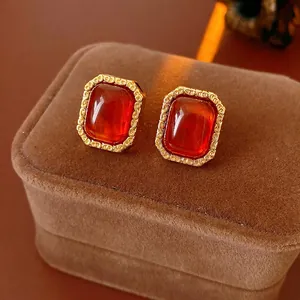 Vintage Rectangular Stud Earrings With Amber Red Acrylic Alloy Gold Frame Silver Earring Post For Women French Retro Style