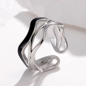 Irregular wave stainless steel open ring with black enamel details for women