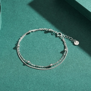 Double-layered S925 sterling silver beaded bracelet with lobster clasp and extension chain
