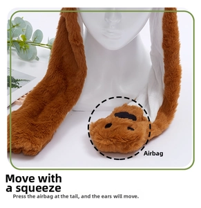 Detail of plush animal hat with air-bag system to make ears move when squeezed